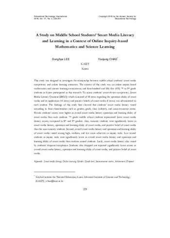 A Study on Middle School Students’ Smart Media Literacy and Learning in a Context of Online Inquiry-based Mathematics and Science Learning 이미지